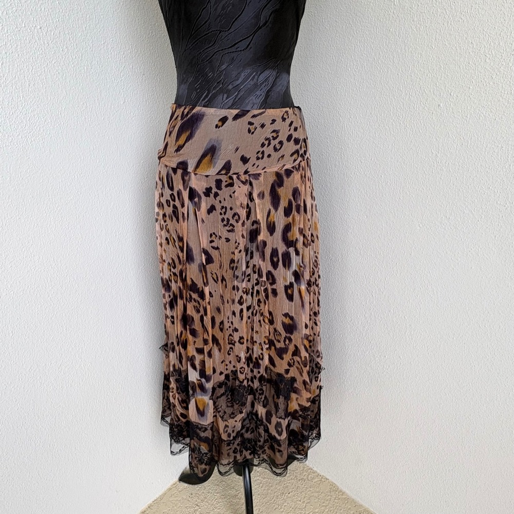 90s Vintage WD·NY Leopard Print Lace Trim 100% Silk Midi Skirt 4 Brown Black